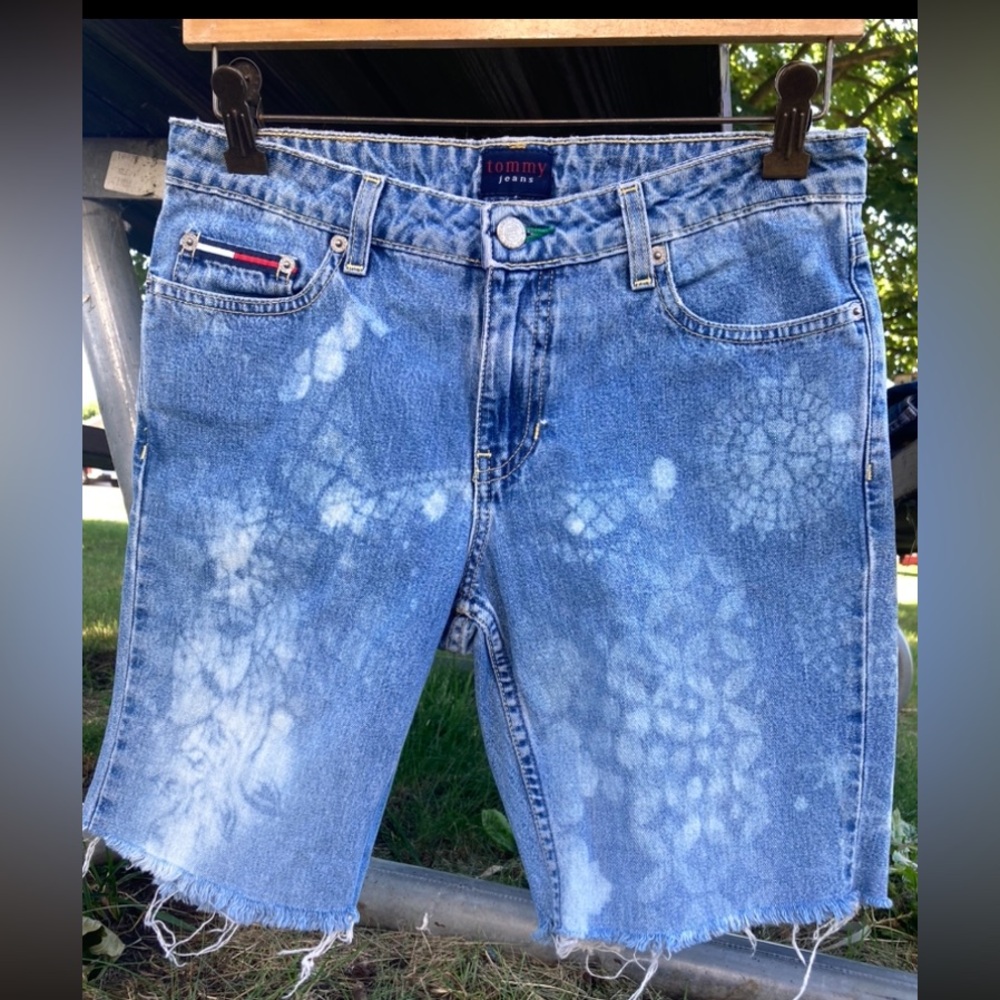 Upcycled vintage Tommy Hilfiger cut off denim shorts : OOAK dyed distressed :